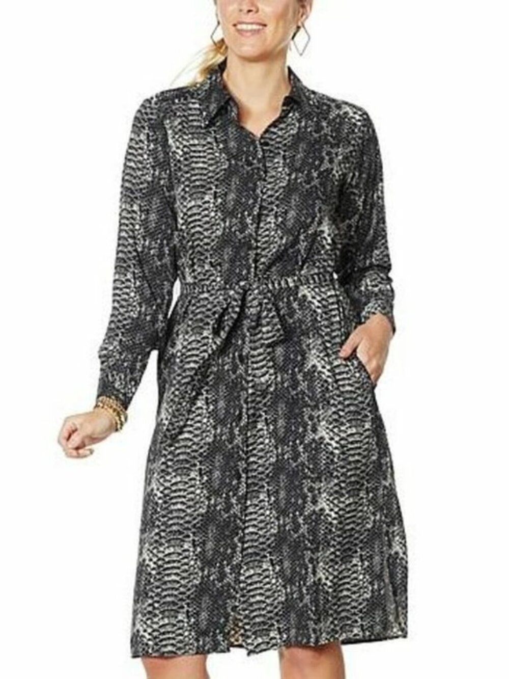 DG2 DIANE GILMAN Snake Reptile Print Belted Shirt Dress Duster S Gray